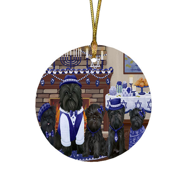 Happy Hanukkah Family and Happy Hanukkah Both Affenpinscher Dogs Round Flat Christmas Ornament RFPOR57481