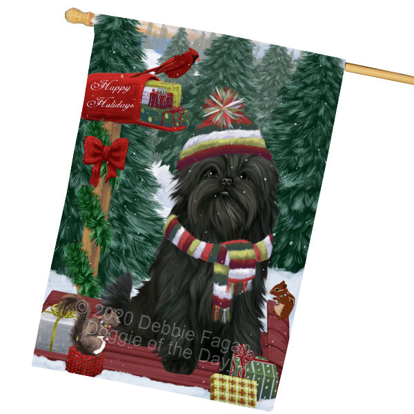 Christmas Woodland Sled Affenpinscher Dog House Flag Outdoor Decorative Double Sided Pet Portrait Weather Resistant Premium Quality Animal Printed Home Decorative Flags 100% Polyester FLG69497