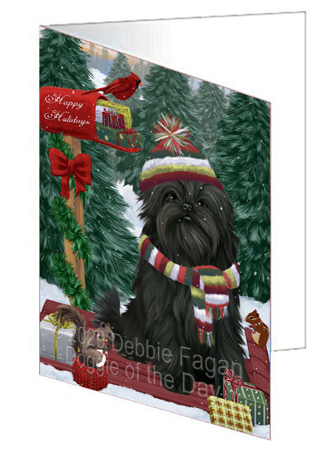 Christmas Woodland Sled Affenpinscher Dog Handmade Artwork Assorted Pets Greeting Cards and Note Cards with Envelopes for All Occasions and Holiday Seasons