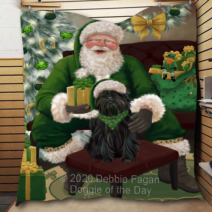 Christmas Irish Santa with Gift and Affenpinscher Dog Quilt Bed Coverlet Bedspread - Pets Comforter Unique One-side Animal Printing - Soft Lightweight Durable Washable Polyester Quilt