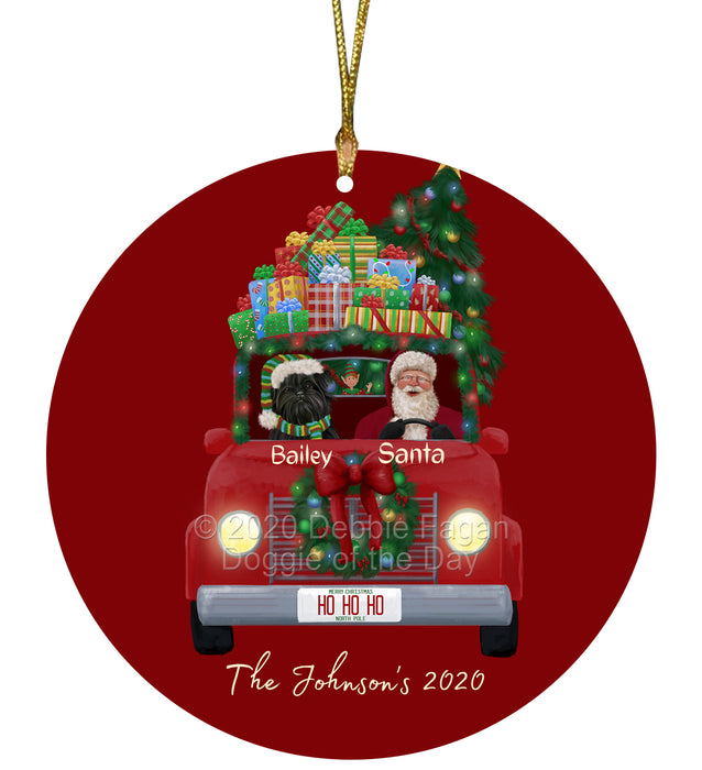 Personalized Christmas Honk Honk Red Truck Here Comes with Santa and Affenpinscher Dog Round Flat Ornament PRBPOR59040