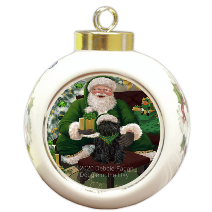 Christmas Irish Santa with Gift and Affenpinscher Dog Round Ball Christmas Ornament RBPOR57890