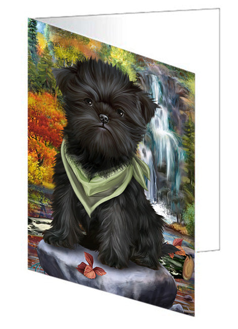 Scenic Waterfall Affenpinscher Dog Handmade Artwork Assorted Pets Greeting Cards and Note Cards with Envelopes for All Occasions and Holiday Seasons GCD52979