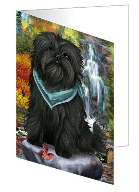 Scenic Waterfall Affenpinscher Dog Handmade Artwork Assorted Pets Greeting Cards and Note Cards with Envelopes for All Occasions and Holiday Seasons GCD52982