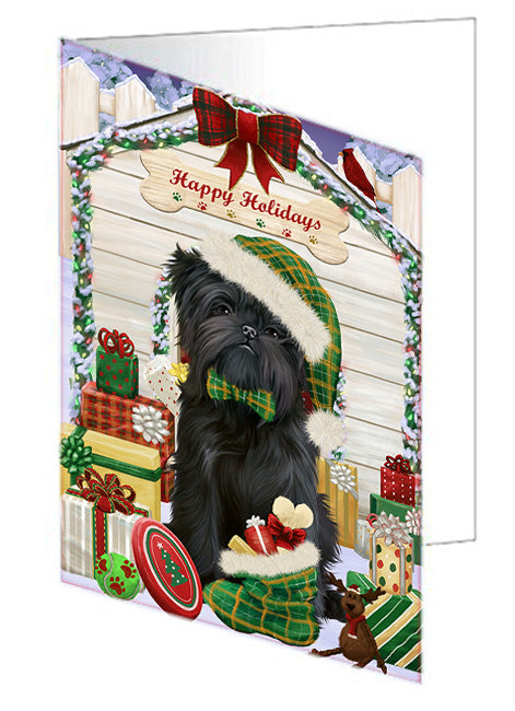 Happy Holidays Christmas Affenpinscher Dog House with Presents Handmade Artwork Assorted Pets Greeting Cards and Note Cards with Envelopes for All Occasions and Holiday Seasons GCD57905