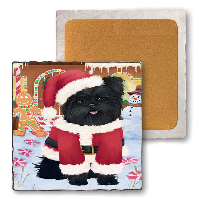 Christmas Gingerbread House Candyfest Affenpinscher Dog Set of 4 Natural Stone Marble Tile Coasters MCST51113
