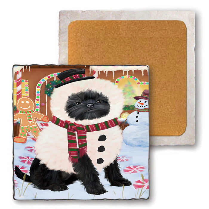 Christmas Gingerbread House Candyfest Affenpinscher Dog Set of 4 Natural Stone Marble Tile Coasters MCST51114