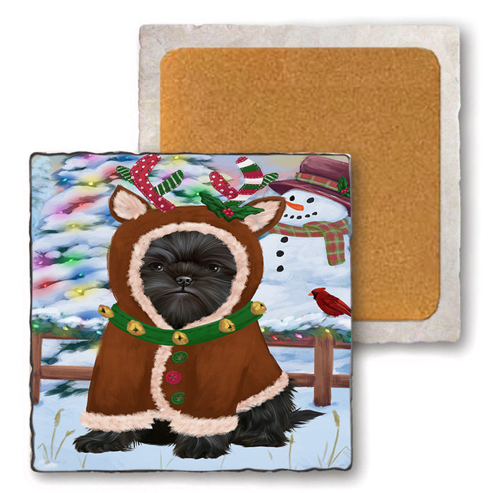 Christmas Gingerbread House Candyfest Affenpinscher Dog Set of 4 Natural Stone Marble Tile Coasters MCST51115