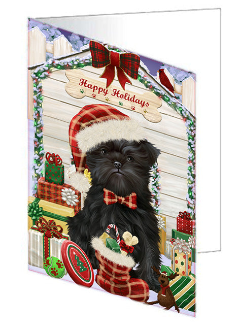Happy Holidays Christmas Affenpinscher Dog House with Presents Handmade Artwork Assorted Pets Greeting Cards and Note Cards with Envelopes for All Occasions and Holiday Seasons GCD57911