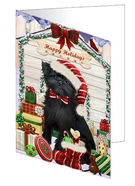 Happy Holidays Christmas Affenpinscher Dog House with Presents Handmade Artwork Assorted Pets Greeting Cards and Note Cards with Envelopes for All Occasions and Holiday Seasons GCD57914