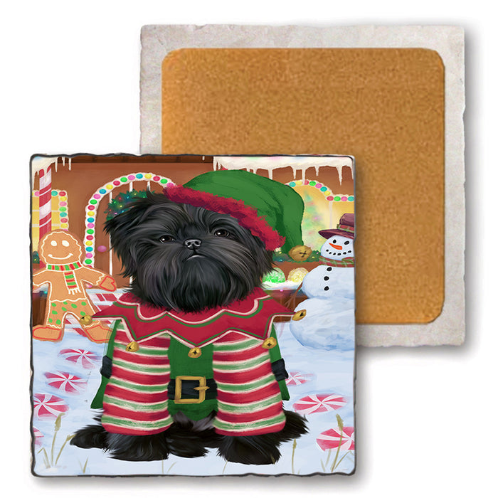Christmas Gingerbread House Candyfest Affenpinscher Dog Set of 4 Natural Stone Marble Tile Coasters MCST51116