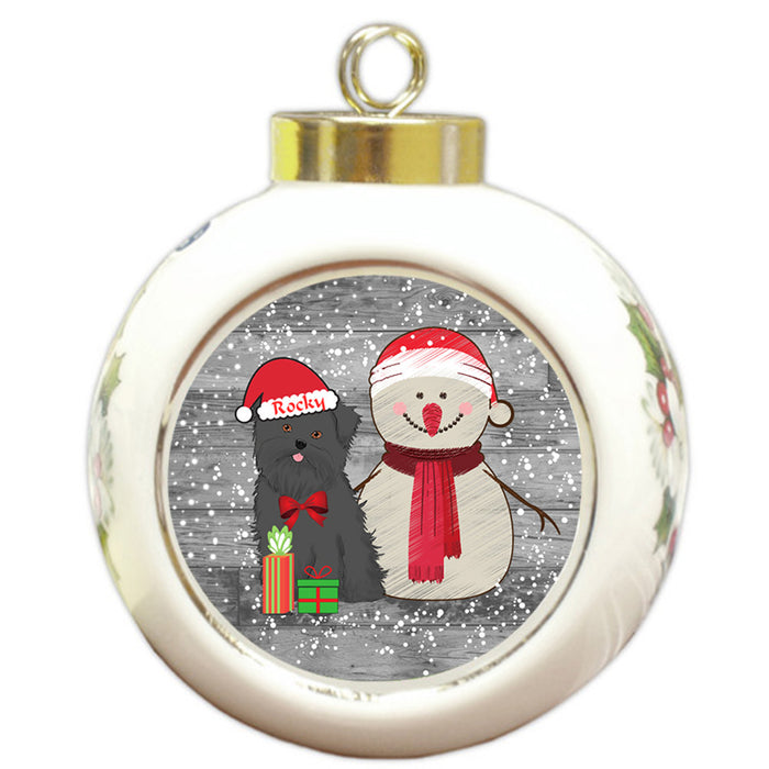 Custom Personalized Snowy Snowman and Affenpinscher Dog Christmas Round Ball Ornament