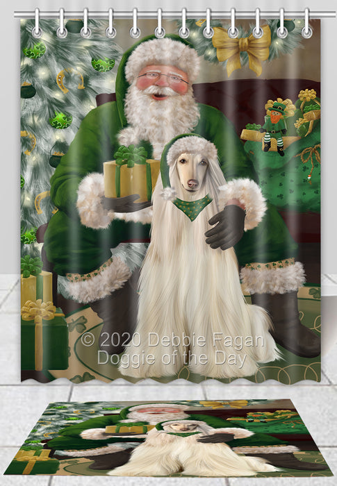 Christmas Irish Santa with Gift Afghan Hound Dog Bath Mat and Shower Curtain Combo
