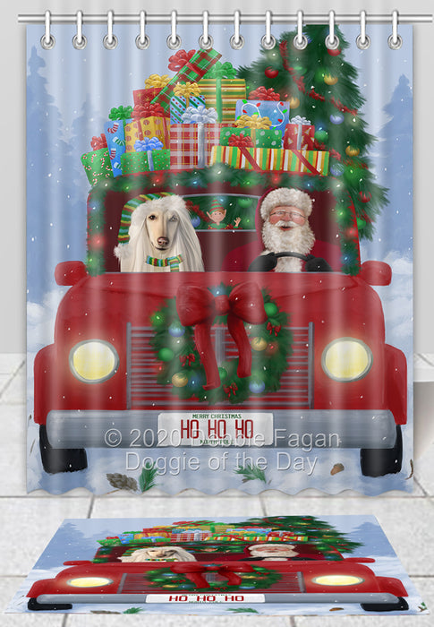 Christmas Honk Honk Red Truck Here Comes with Santa and Afghan Hound Dog Bath Mat and Shower Curtain Combo