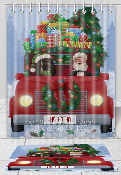 Christmas Honk Honk Red Truck Here Comes with Santa and Afghan Hound Dog Bath Mat and Shower Curtain Combo