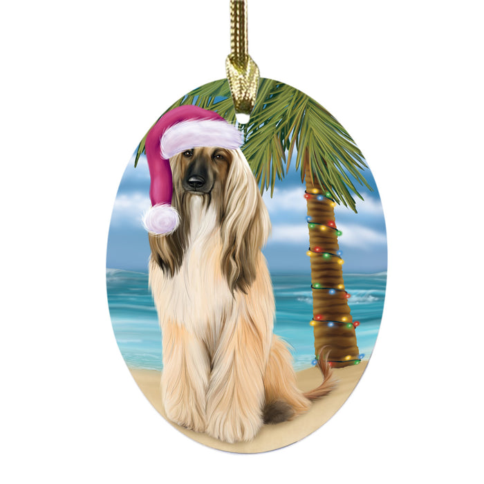 Summertime Happy Holidays Christmas Afghan Hound Dog on Tropical Island Beach Oval Glass Christmas Ornament OGOR49332