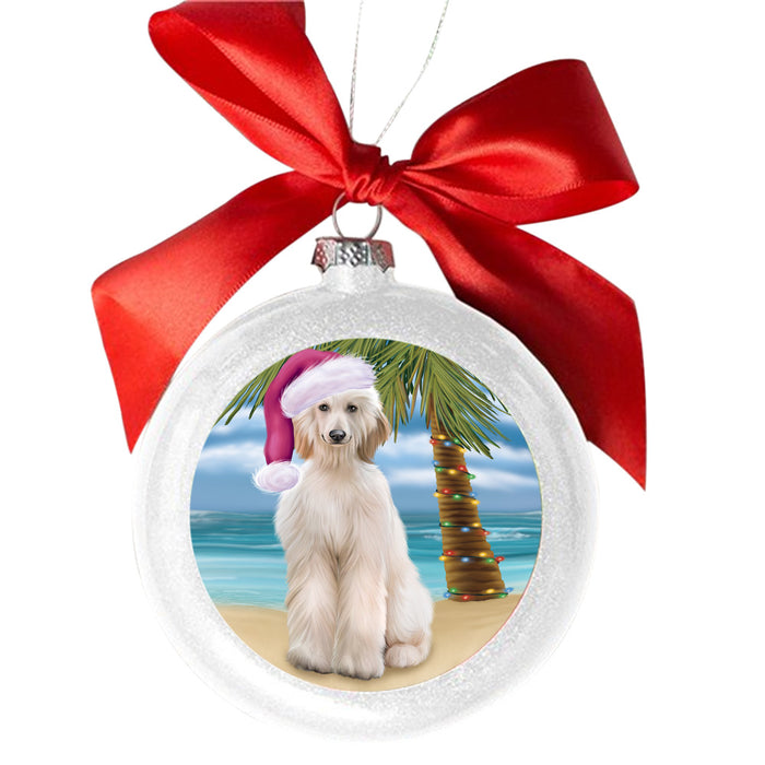 Summertime Happy Holidays Christmas Afghan Hound Dog on Tropical Island Beach White Round Ball Christmas Ornament WBSOR49333