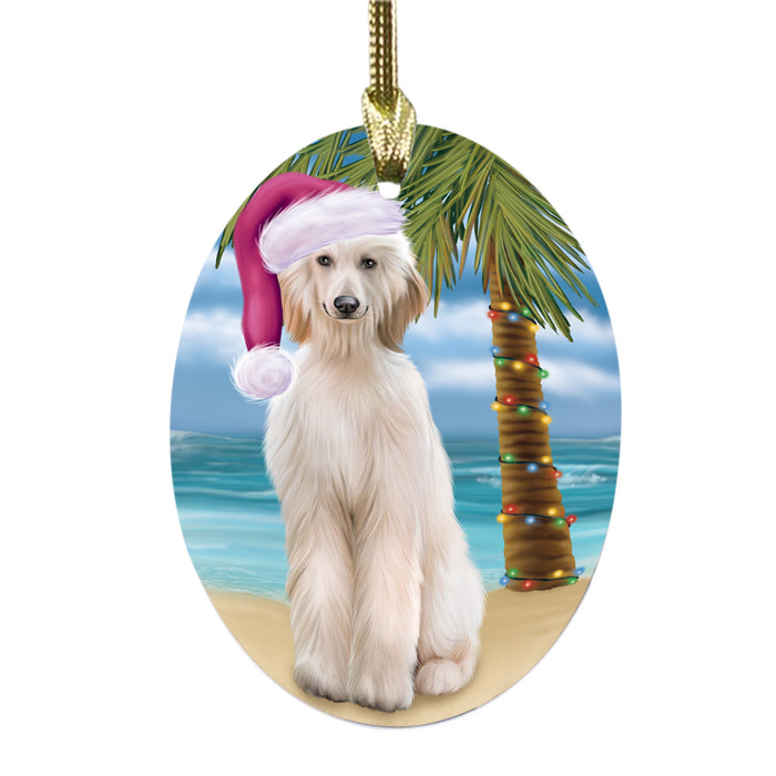 Summertime Happy Holidays Christmas Afghan Hound Dog on Tropical Island Beach Oval Glass Christmas Ornament OGOR49333