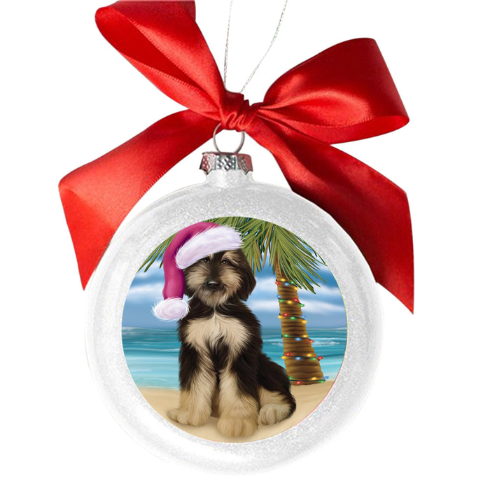Summertime Happy Holidays Christmas Afghan Hound Dog on Tropical Island Beach White Round Ball Christmas Ornament WBSOR49334