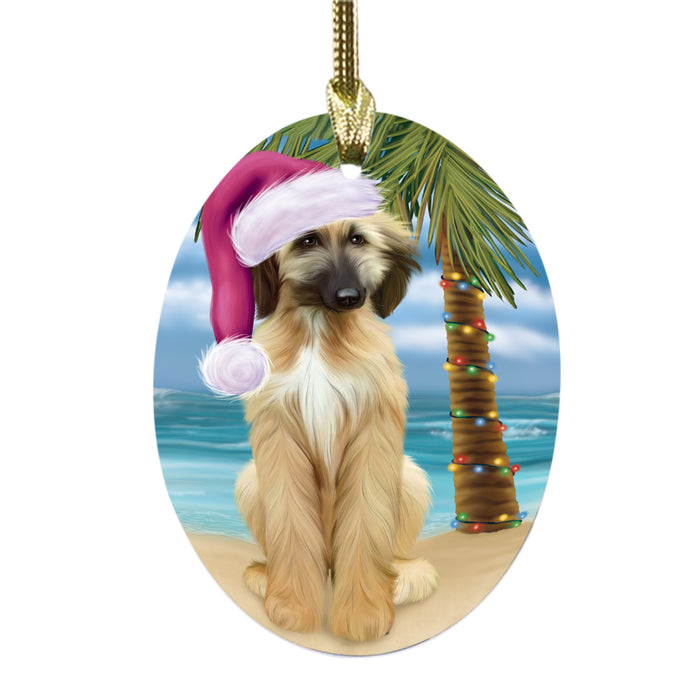 Summertime Happy Holidays Christmas Afghan Hound Dog on Tropical Island Beach Oval Glass Christmas Ornament OGOR49335