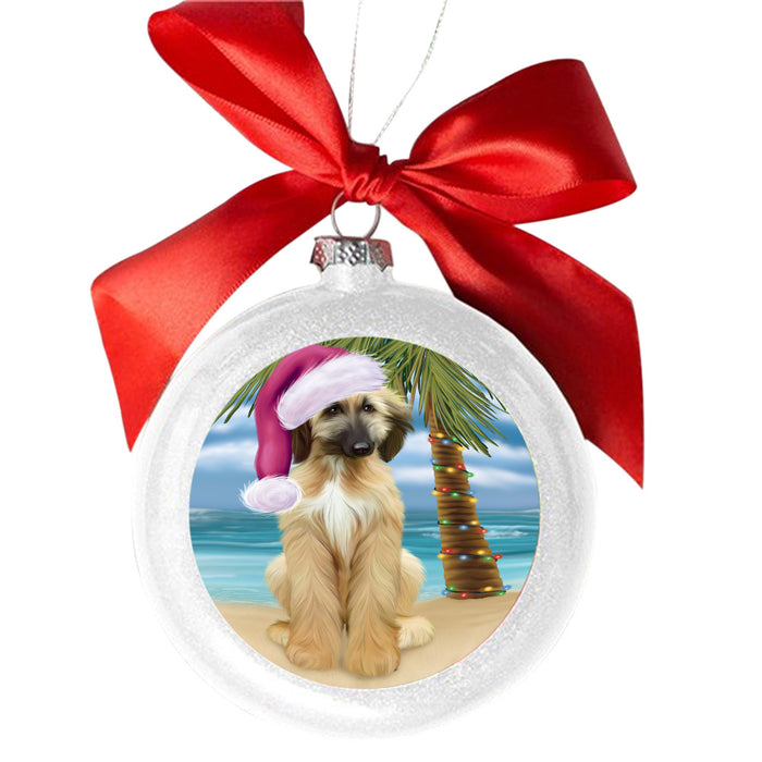 Summertime Happy Holidays Christmas Afghan Hound Dog on Tropical Island Beach White Round Ball Christmas Ornament WBSOR49335
