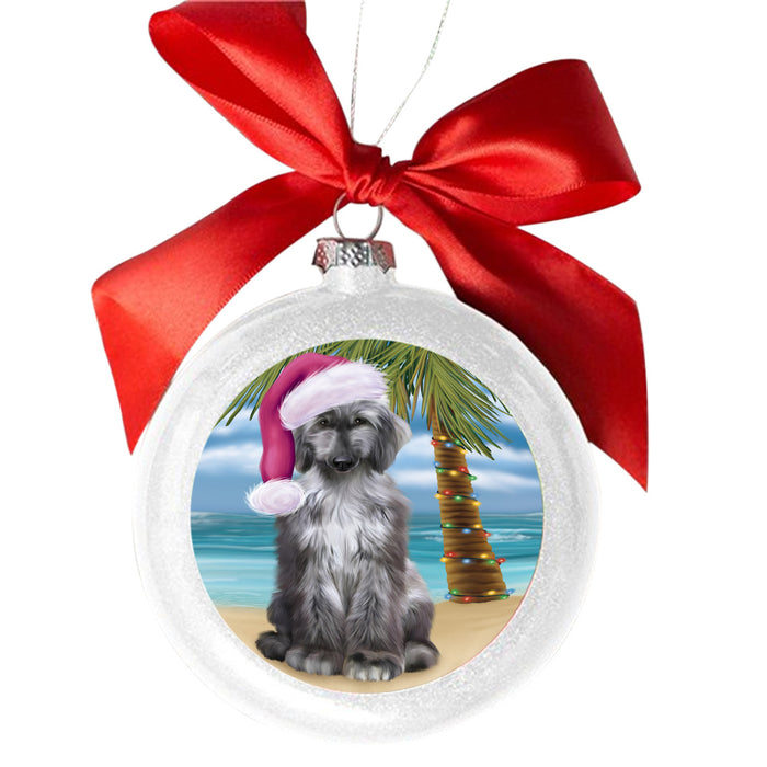 Summertime Happy Holidays Christmas Afghan Hound Dog on Tropical Island Beach White Round Ball Christmas Ornament WBSOR49336