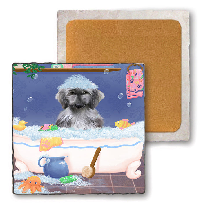 Rub A Dub Dog In A Tub Afghan Hound Dog Set of 4 Natural Stone Marble Tile Coasters MCST52281