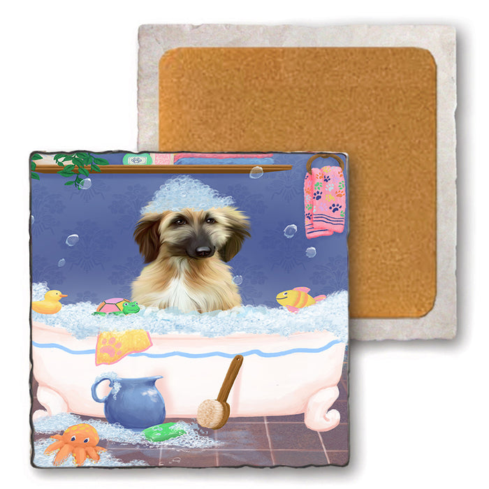 Rub A Dub Dog In A Tub Afghan Hound Dog Set of 4 Natural Stone Marble Tile Coasters MCST52280