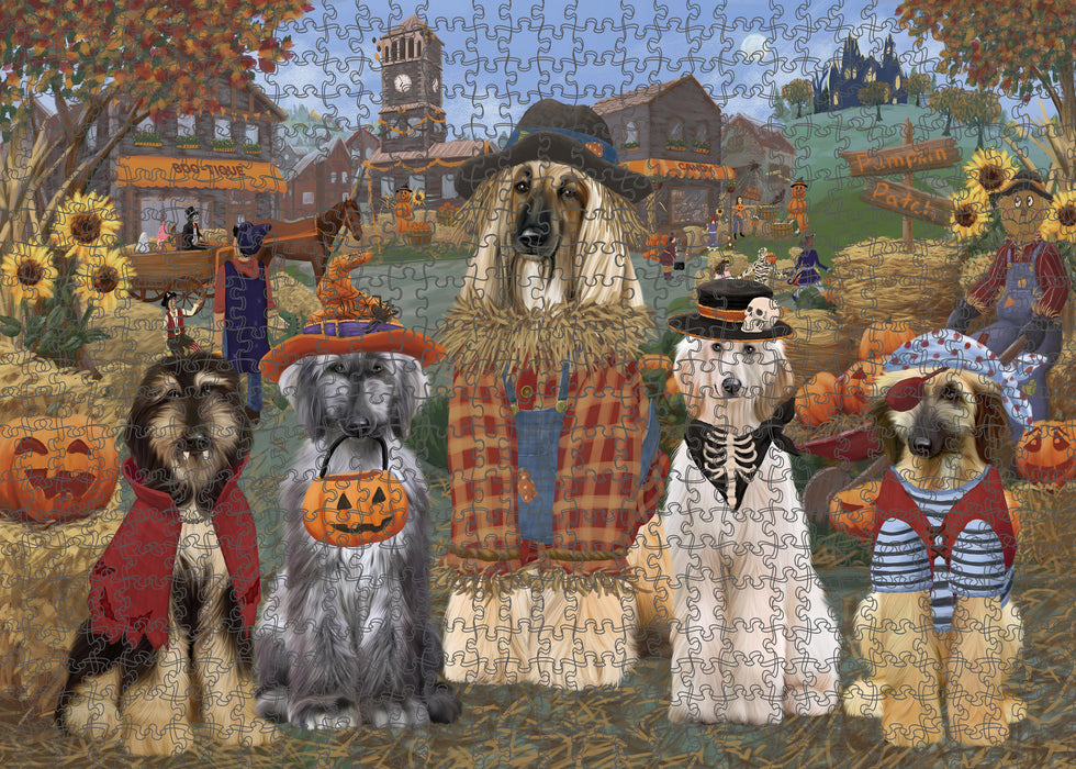Halloween 'Round Town And Fall Pumpkin Scarecrow Both Afghan Hound Dogs Puzzle with Photo Tin PUZL96132