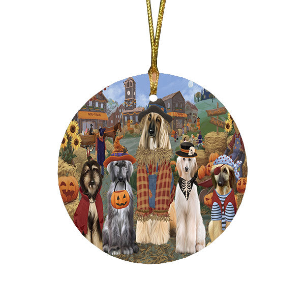 Halloween 'Round Town And Fall Pumpkin Scarecrow Both Afghan Hound Dogs Round Flat Christmas Ornament RFPOR57360