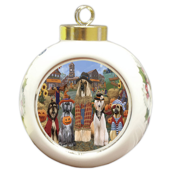 Halloween 'Round Town And Fall Pumpkin Scarecrow Both Afghan Hound Dogs Round Ball Christmas Ornament RBPOR57360