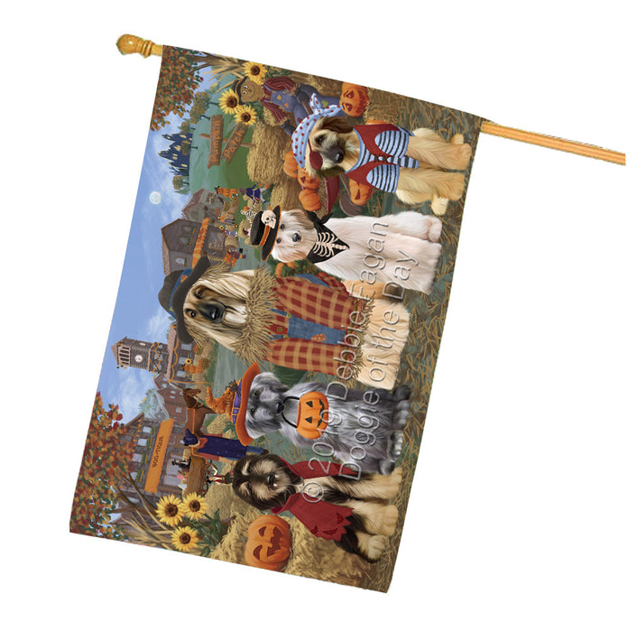 Halloween 'Round Town And Fall Pumpkin Scarecrow Both Afghan Hound Dogs House Flag FLG65612