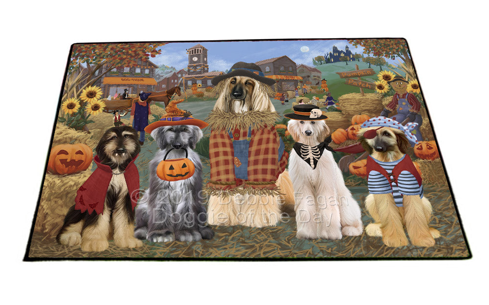 Halloween 'Round Town And Fall Pumpkin Scarecrow Both Afghan Hound Dogs Floormat FLMS53813