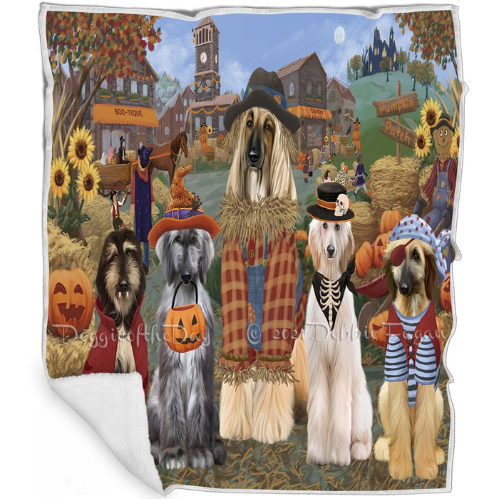 Halloween 'Round Town And Fall Pumpkin Scarecrow Both Afghan Hound Dogs Blanket BLNKT138566