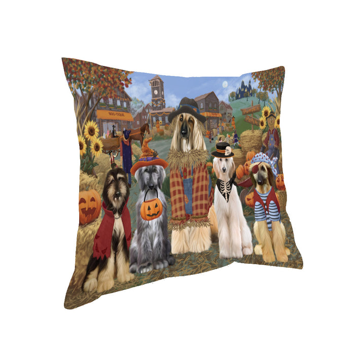 Halloween 'Round Town And Fall Pumpkin Scarecrow Both Afghan Hound Dogs Pillow PIL82224