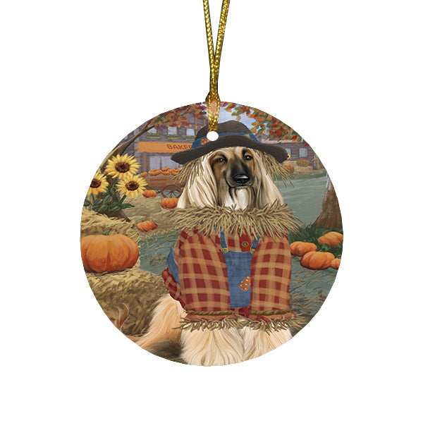 Halloween 'Round Town And Fall Pumpkin Scarecrow Both Afghan Hound Dogs Round Flat Christmas Ornament RFPOR57421