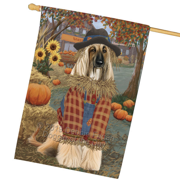 Halloween 'Round Town And Fall Pumpkin Scarecrow Both Afghan Hound Dogs House Flag FLG65673