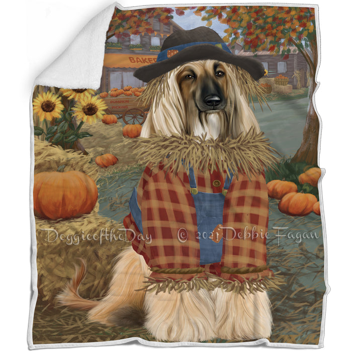 Halloween 'Round Town And Fall Pumpkin Scarecrow Both Afghan Hound Dogs Blanket BLNKT139115