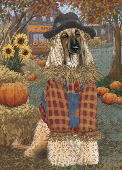 Halloween 'Round Town And Fall Pumpkin Scarecrow Both Afghan Hound Dogs Puzzle with Photo Tin PUZL96376