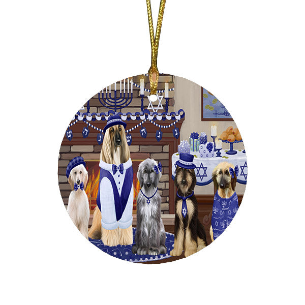 Happy Hanukkah Family and Happy Hanukkah Both Afghan Hound Dogs Round Flat Christmas Ornament RFPOR57482