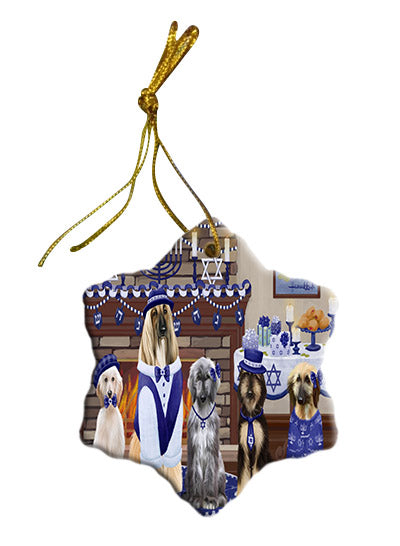 Happy Hanukkah Family Afghan Hound Dogs Star Porcelain Ornament SPOR57578