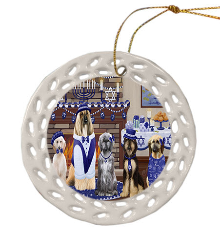 Happy Hanukkah Family Afghan Hound Dogs Ceramic Doily Ornament DPOR57578