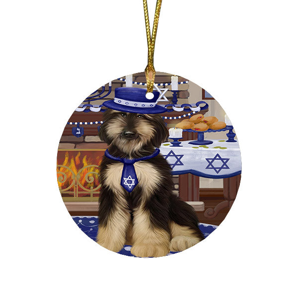 Happy Hanukkah Family and Happy Hanukkah Both Afghan Hound Dog Round Flat Christmas Ornament RFPOR57538