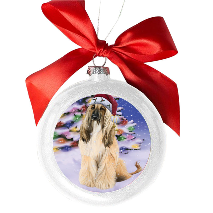 Winterland Wonderland Afghan Hound Dog In Christmas Holiday Scenic Background White Round Ball Christmas Ornament WBSOR49475