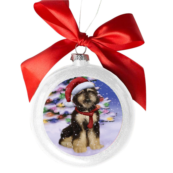 Winterland Wonderland Afghan Hound Dog In Christmas Holiday Scenic Background White Round Ball Christmas Ornament WBSOR49477