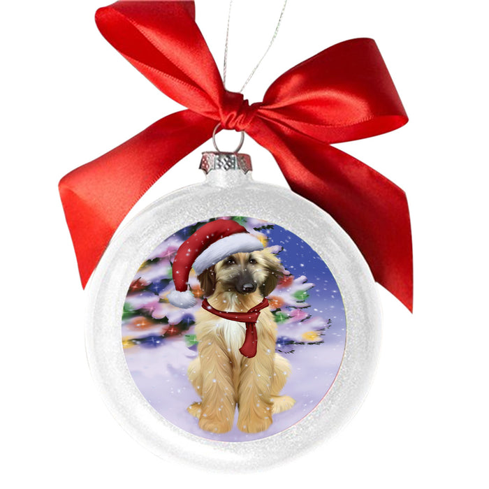Winterland Wonderland Afghan Hound Dog In Christmas Holiday Scenic Background White Round Ball Christmas Ornament WBSOR49478