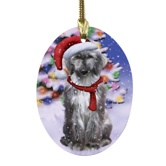 Winterland Wonderland Afghan Hound Dog In Christmas Holiday Scenic Background Oval Glass Christmas Ornament OGOR49479