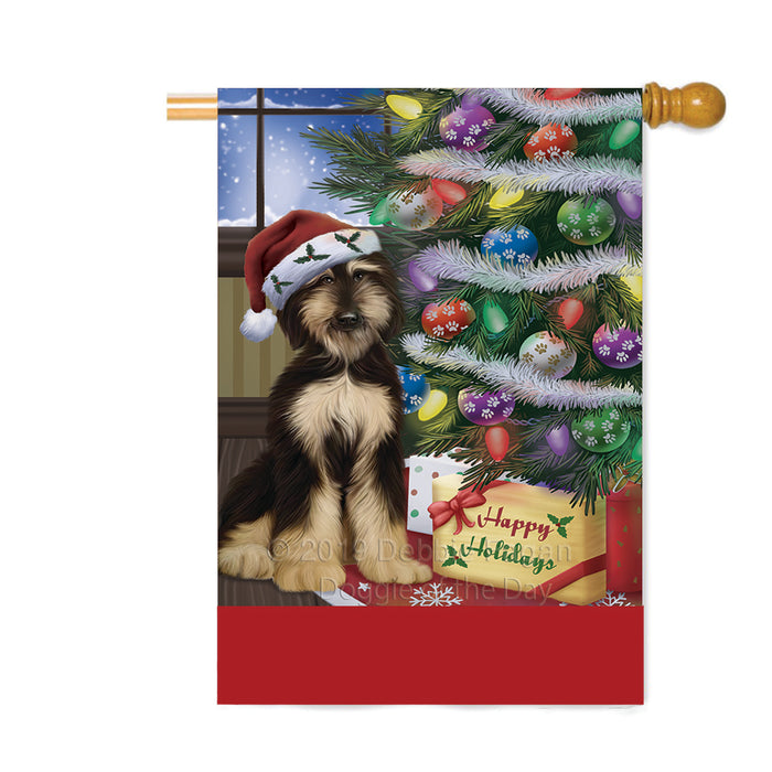 Personalized Christmas Happy Holidays Afghan Hound Dog with Tree and Presents Custom House Flag FLG-DOTD-A58628