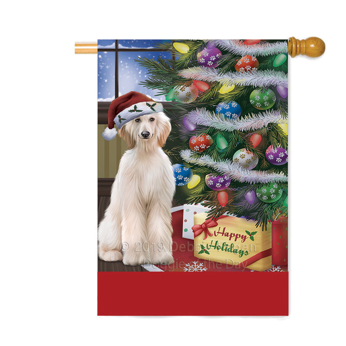 Personalized Christmas Happy Holidays Afghan Hound Dog with Tree and Presents Custom House Flag FLG-DOTD-A58629