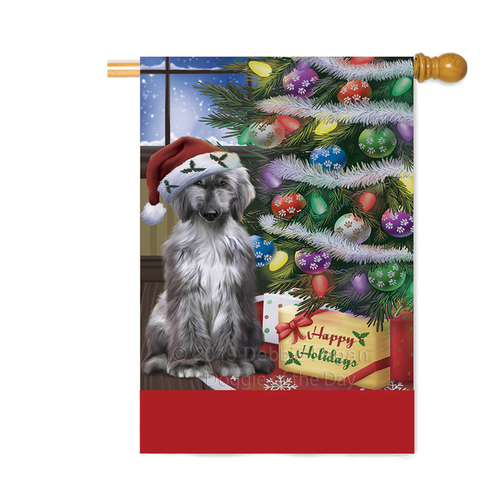 Personalized Christmas Happy Holidays Afghan Hound Dog with Tree and Presents Custom House Flag FLG-DOTD-A58630